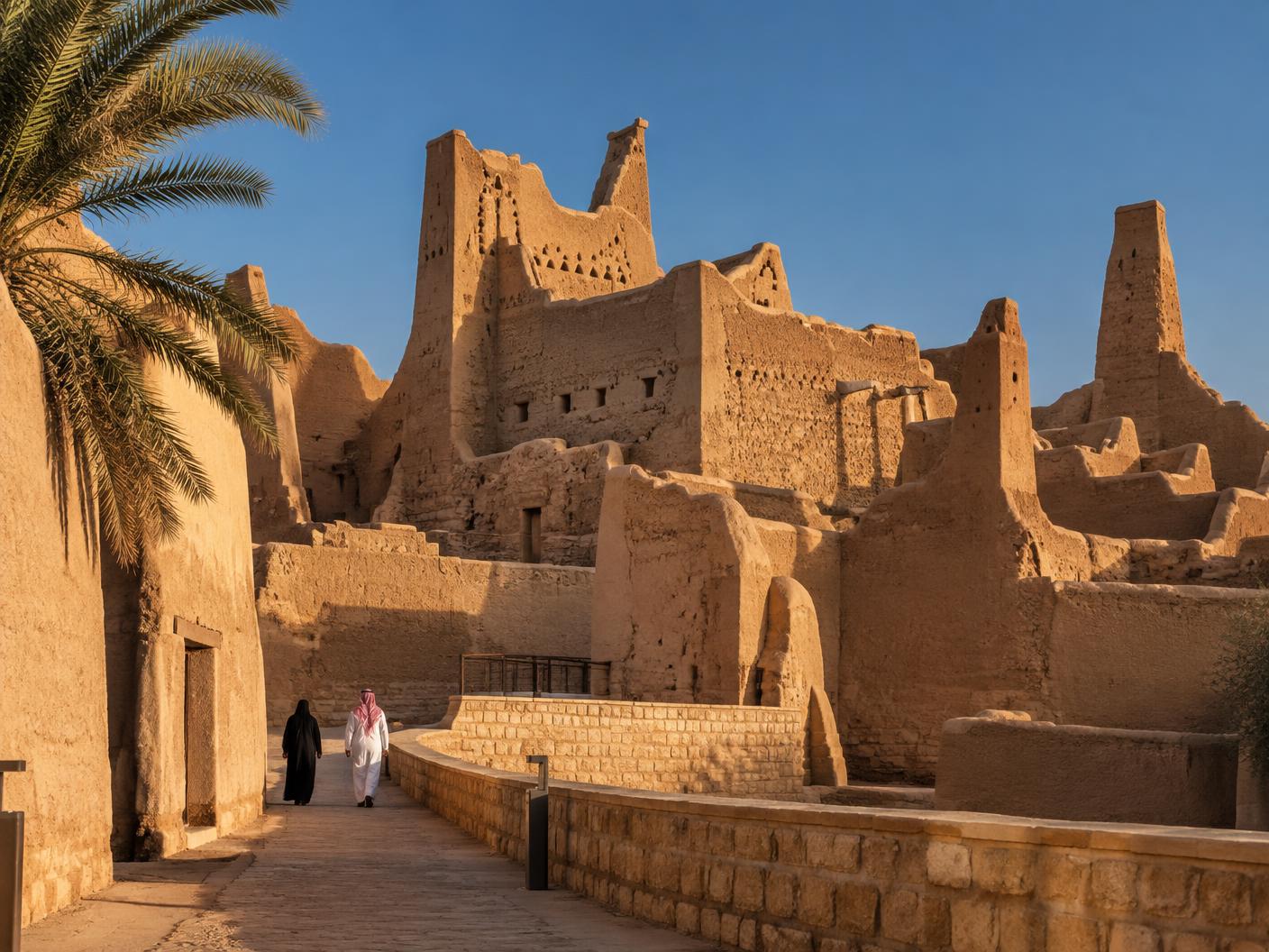 حي تراثي من الطين في الدرعية مع زوار يتجولون